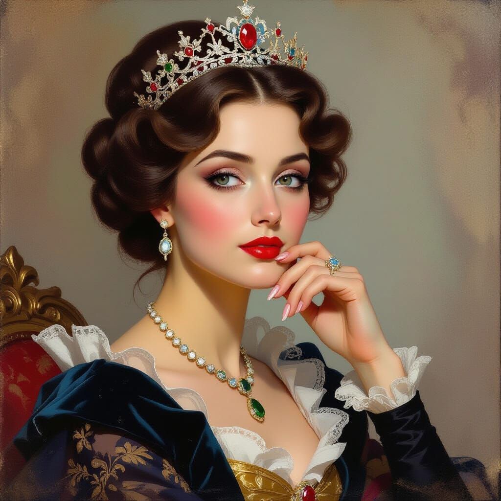 Regal Queen With Expressive Gouache Eyes Gazes Thoughtfully