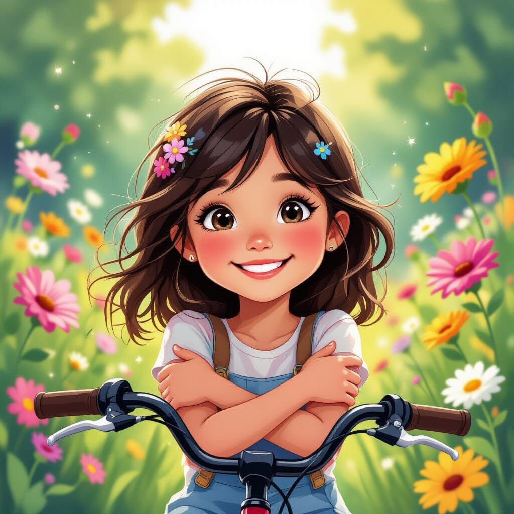 Girl's Joyful Embrace Surrounded by Flowers