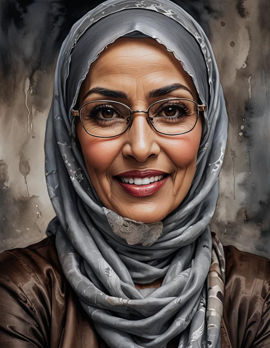 Elegantly Smiling Hijabi Woman in Vibrant Night Scene