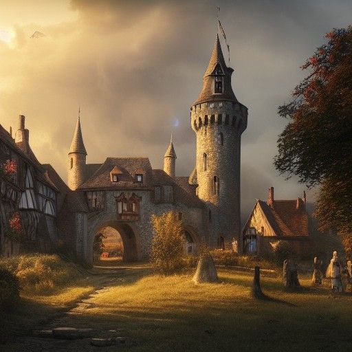Medieval Fantasy Village Under Sunset