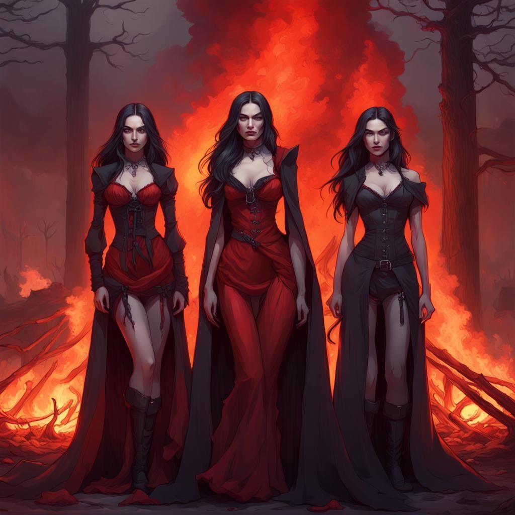 Gothic Vampire Goddesses Adorned by Bonfire Radiance
