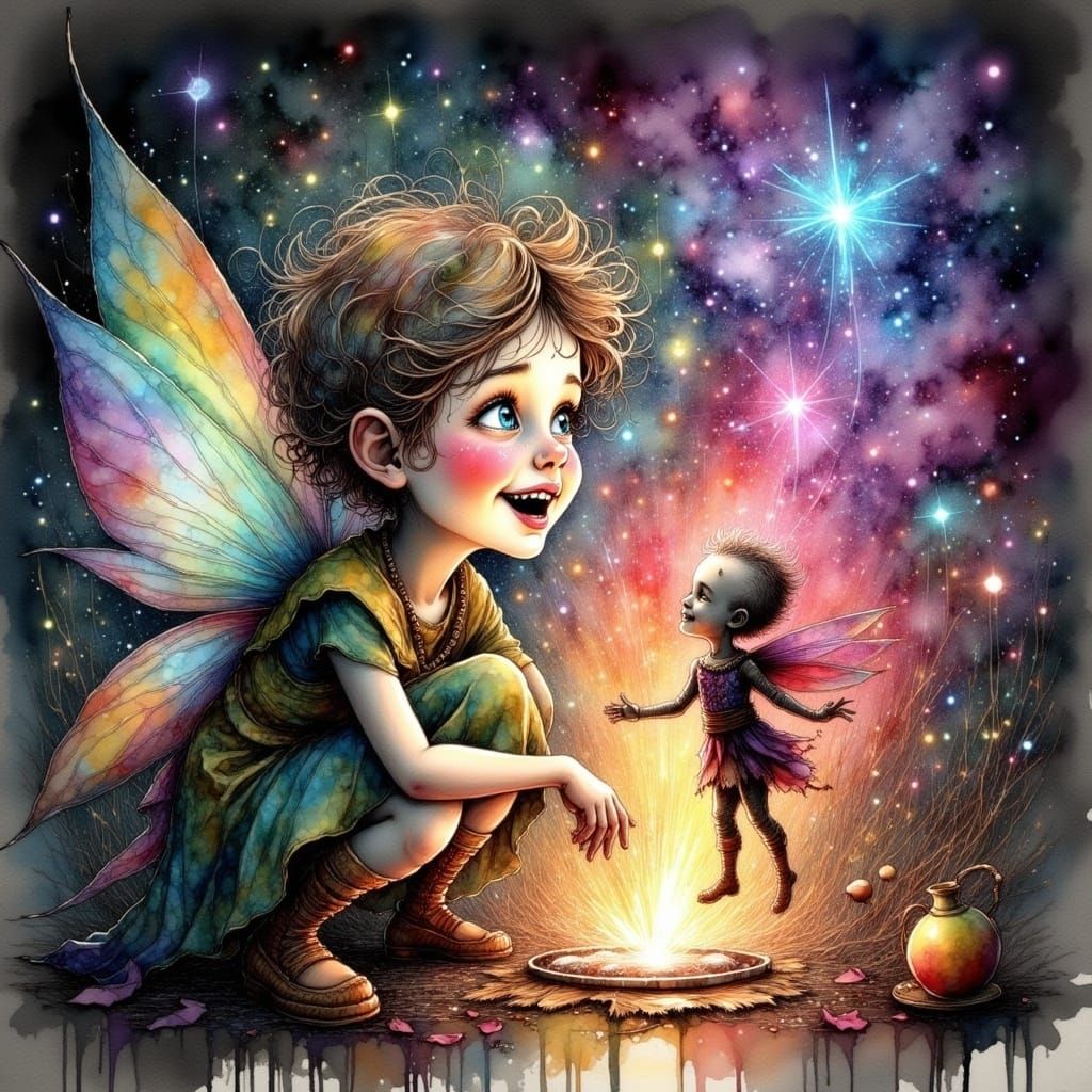 Cheerful Boy Chases Fairy in Whimsical Charcoal Drawing