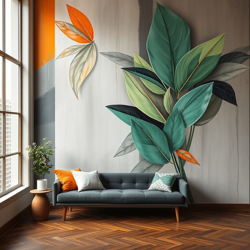 Abstract Botanic Painting with Neon Orange Accents