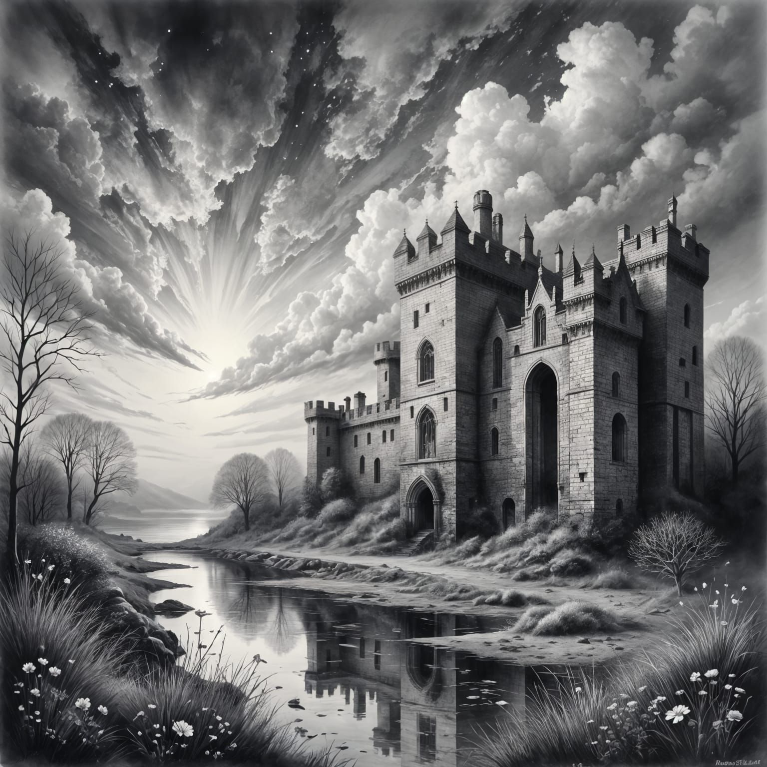 Bodiam Castle in Fantasy Style, Detailed Charcoal Drawing