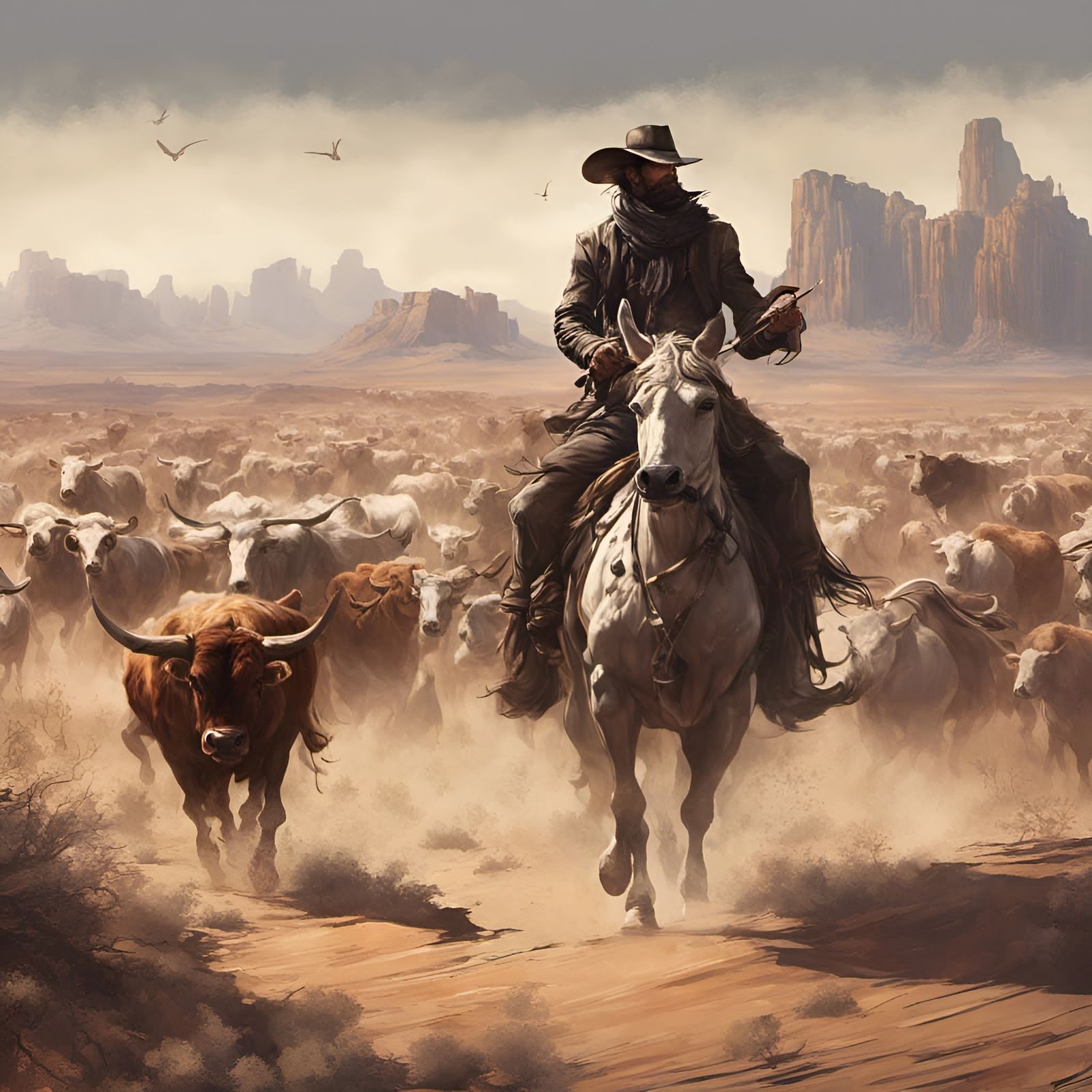 Cattleman herding his cows through the desert..