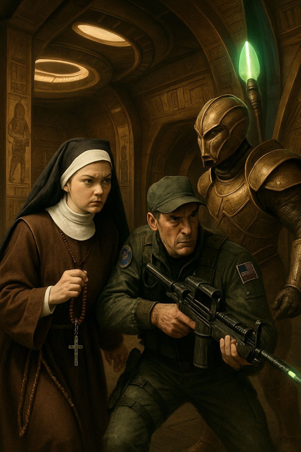 Nun and Soldier Fight Jaffa on Egyptian Spaceship