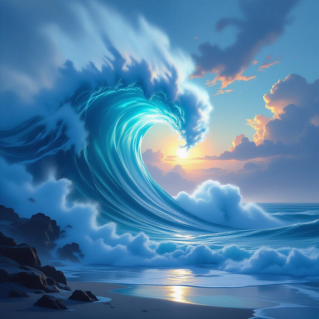 Colossal Tsunami Wave Approaches Coastline in Hyperrealistic...