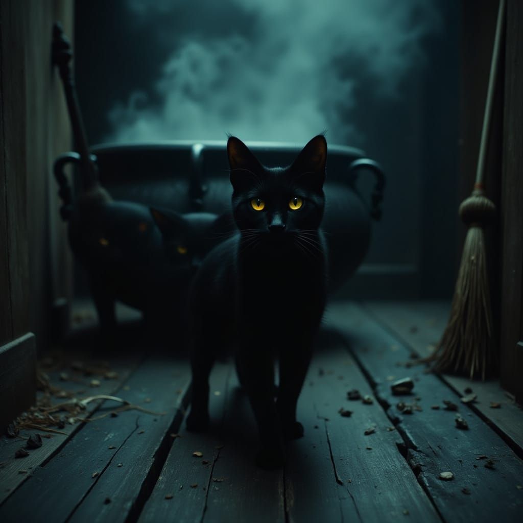 Two Black Cats With Yellow Eyes In Mysterious Halloween Scen...