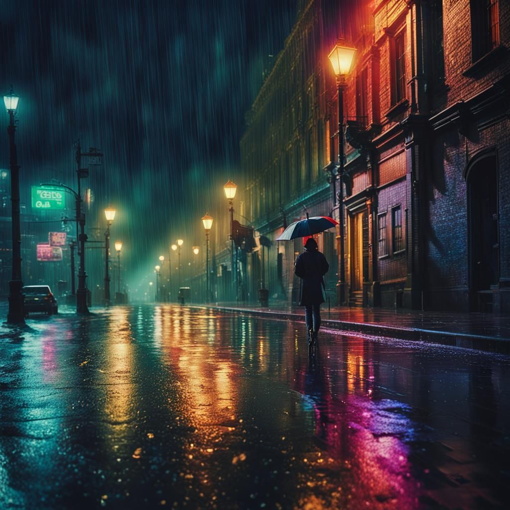 Vibrant Rain in a Dark Gothic Metropolis