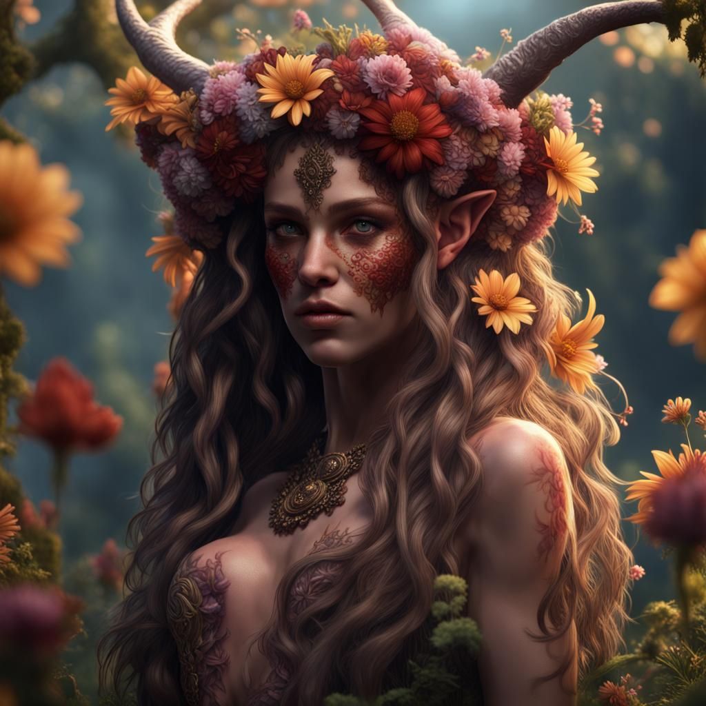 Ethereal Female Satyr Blooms in Vibrant Fantasy Landscape