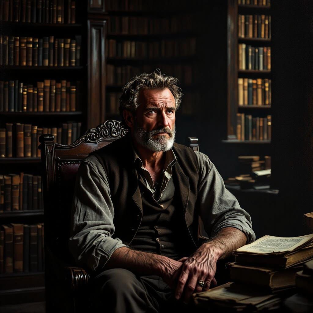 Anxious Man Contemplating Future in Old Library