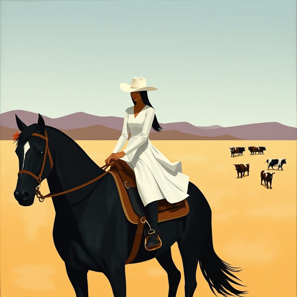 Cowgirl in White on Black Horse in Arizona Desert