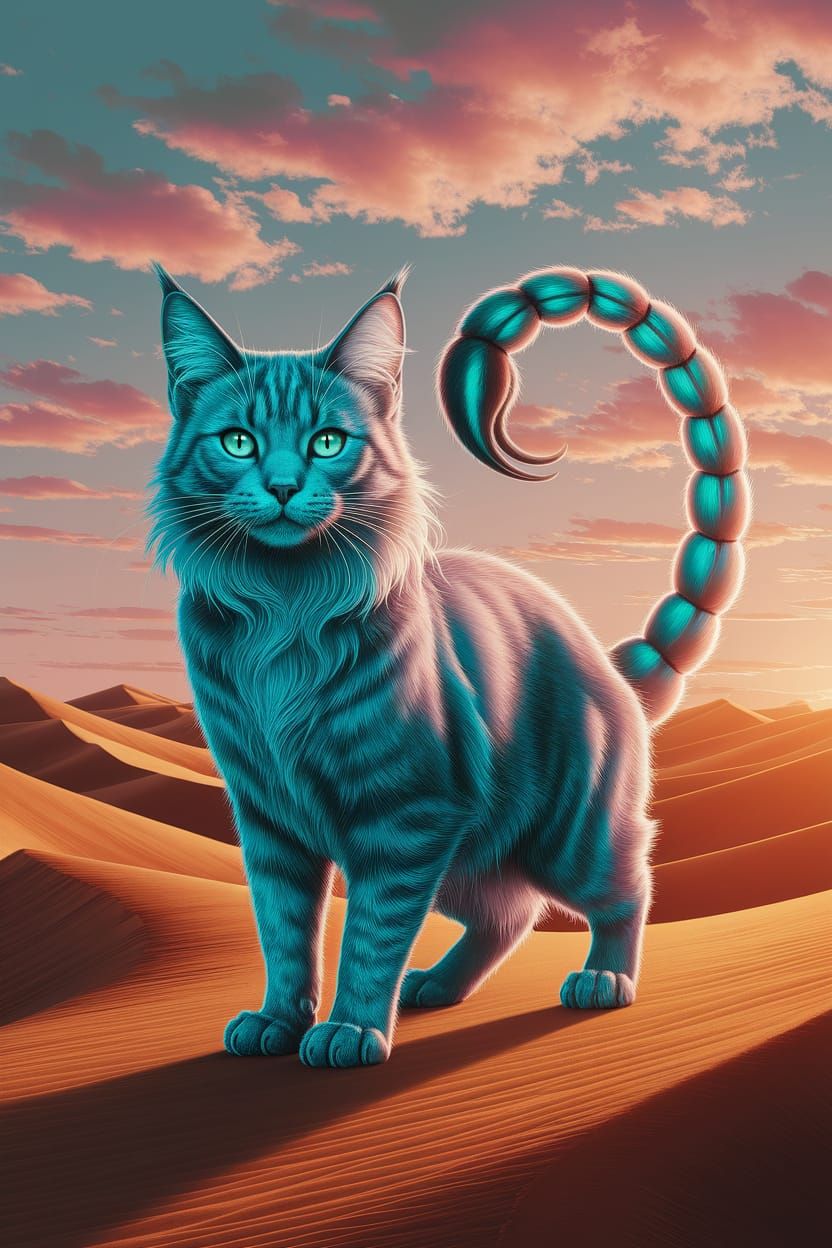 Iridescent Scorpion Cat in Desert Sunset