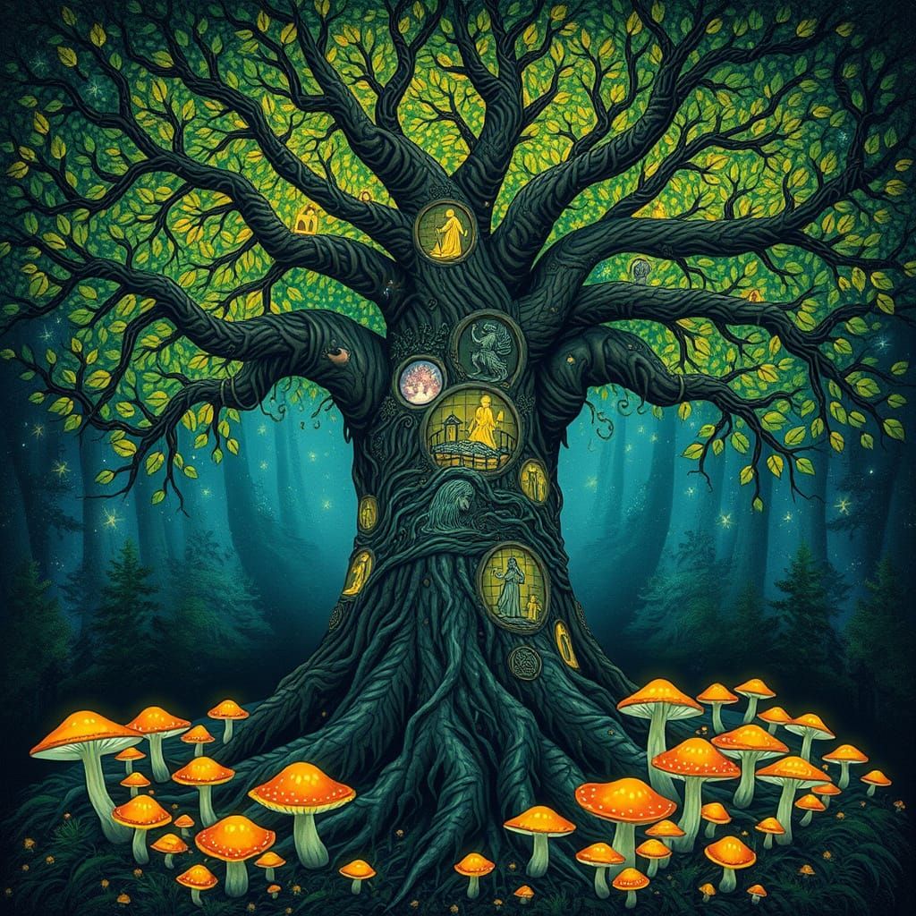 Mythical Tree with Glowing Mushrooms, Illustration