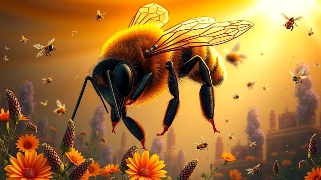 Whimsical Bees in a Glowing Cityscape