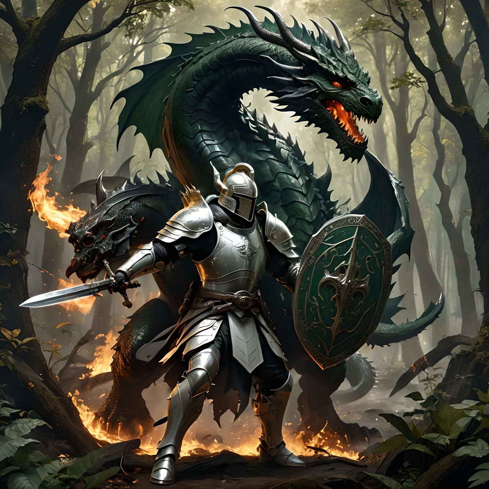 Paladin Battles Dragon in Dark Fantasy Landscape