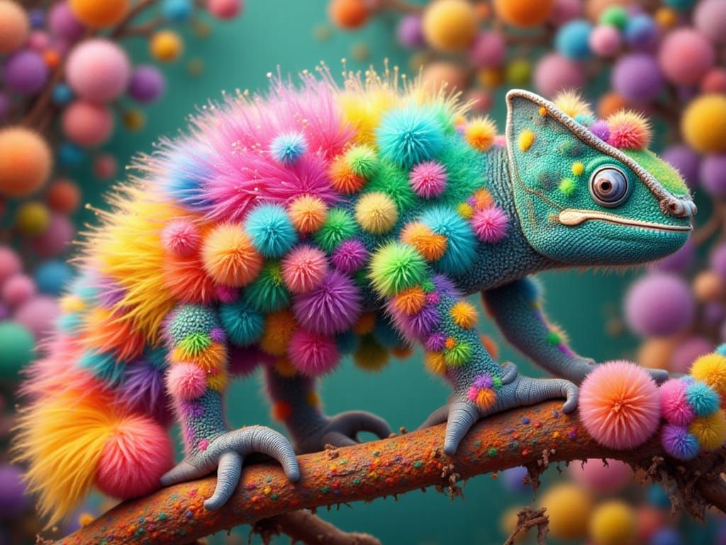 Pompom Chameleon on Yarn Branch in Digital Art Style