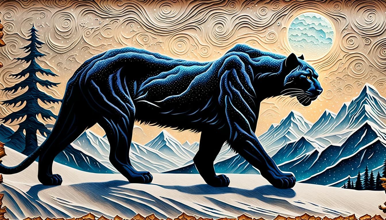 Vintage Embossed Panther Amidst Snowy Mountains in a Star-Li...