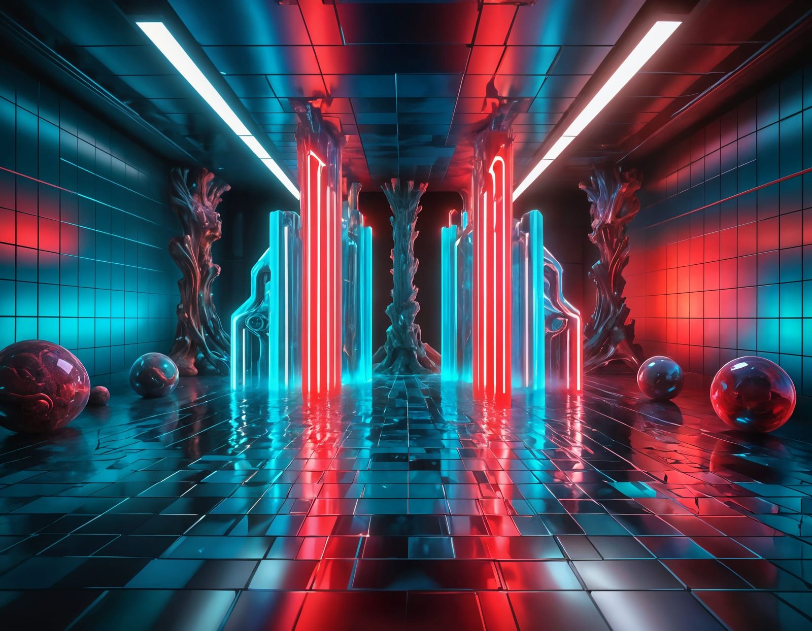 Hi-Tech Physics Lab with Neon Liquid Crystal Structures