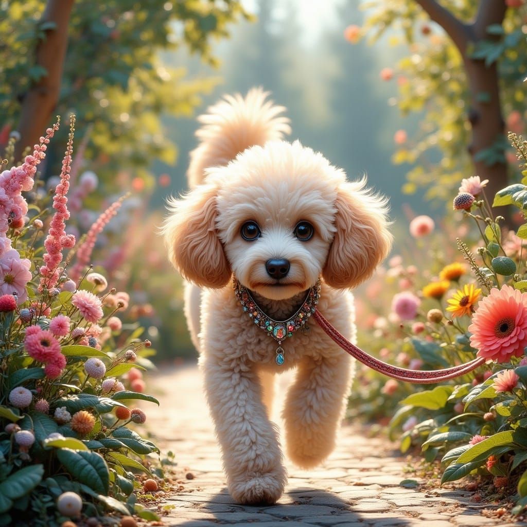 Ultra Cute Poodle Strolls Through Filigree Garden