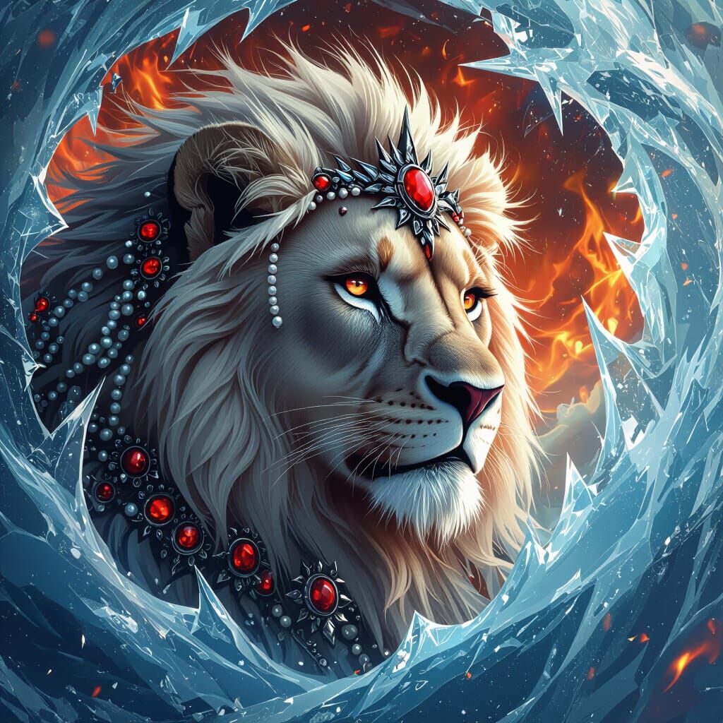 Majestic Lioness with Ice and Fire, Dark Fantasy Art