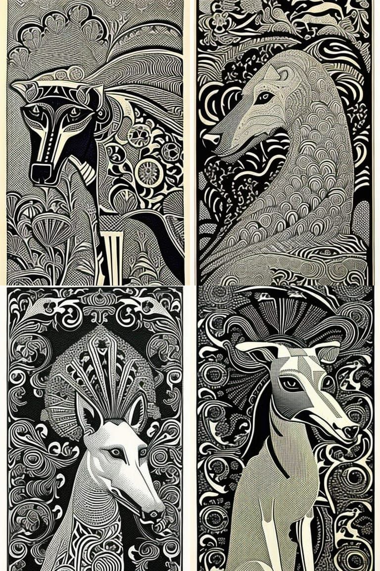 Surreal Greyhound Portrait in Art Nouveau Linocut Style