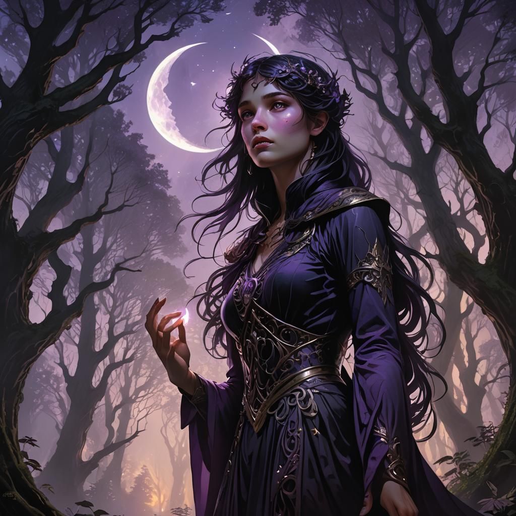 Mysterious Jenaye Under Crescent Moonlight in Eerie Fantasy....