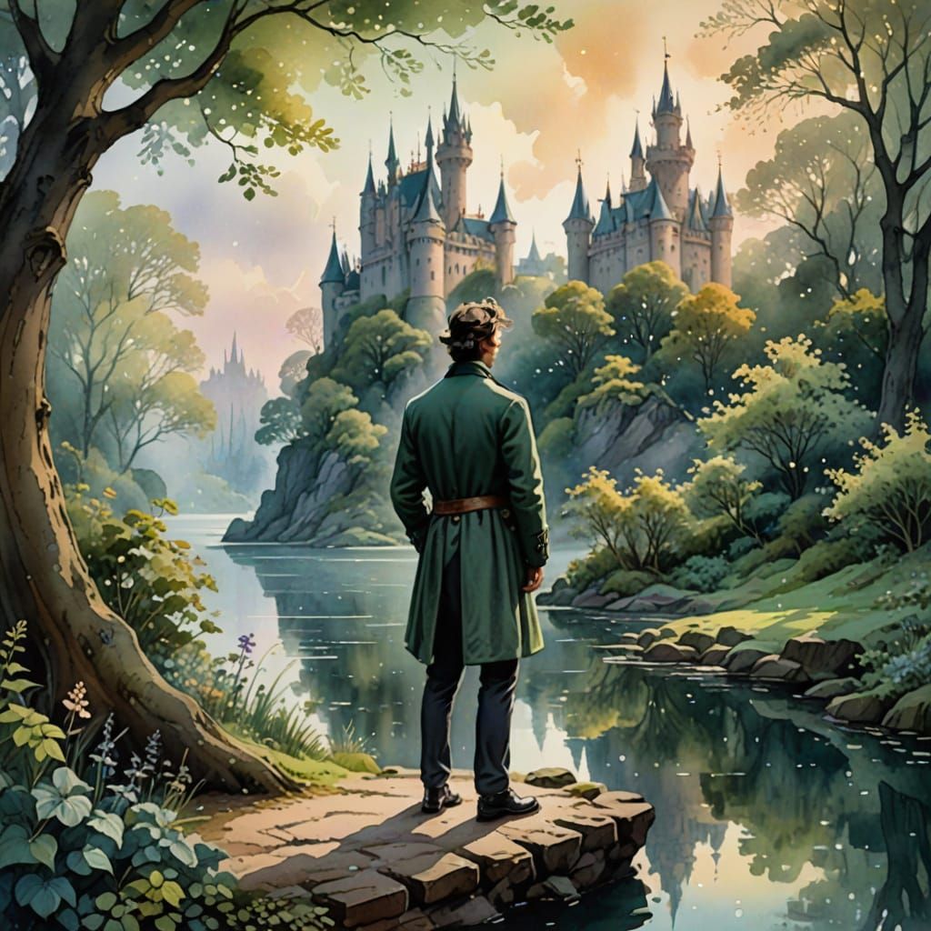 Whimsical Fantasy Portrait of a Young Nerd in a Castle Moat