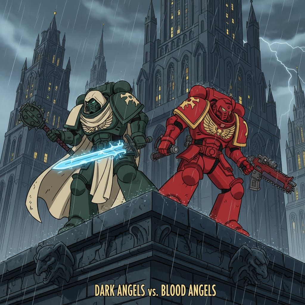 Space Marines Clash on Rainy Rooftop in Bruce Timm Style