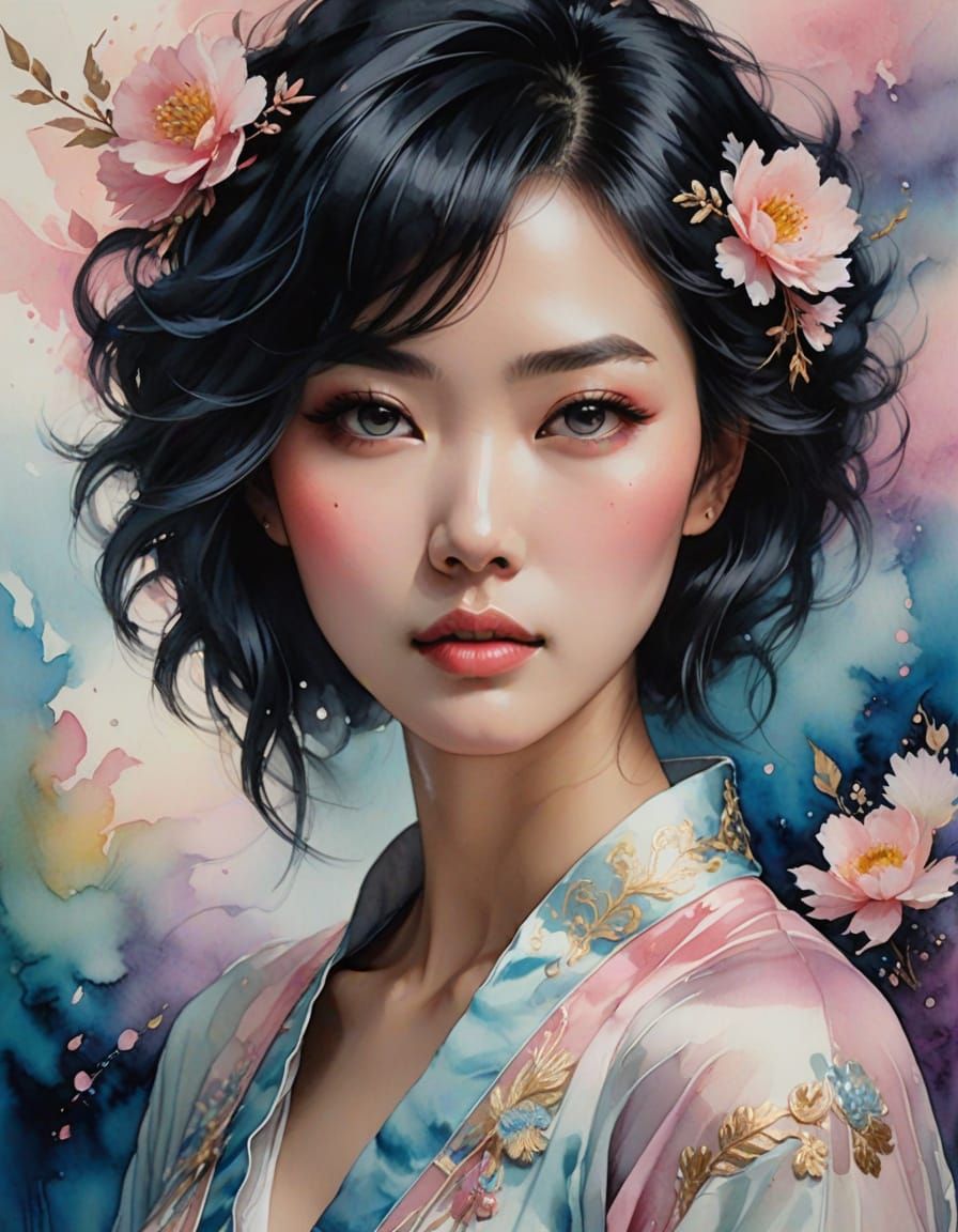 Dreamy Portrait in Soft Watercolor and Alcohol Ink