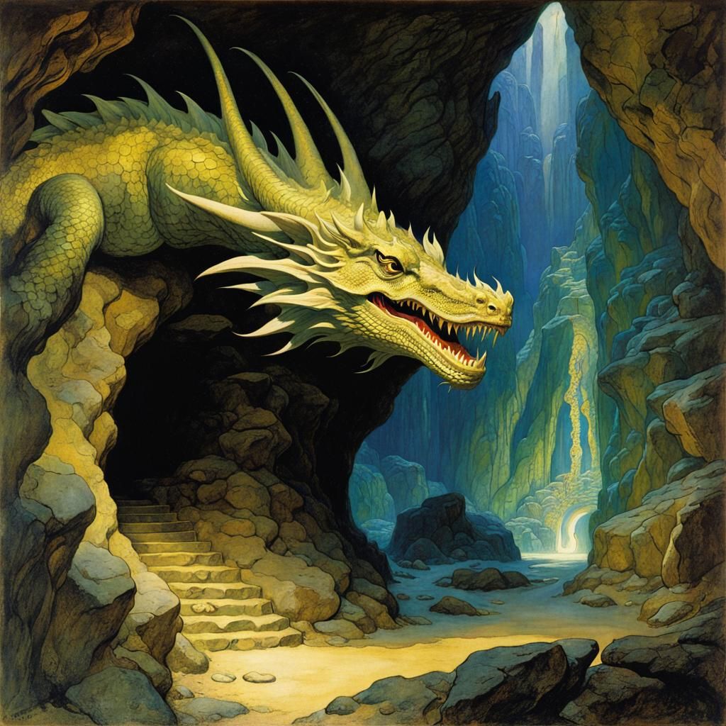 Fantasy Dragon Slumbering in a Golden Underground Lair