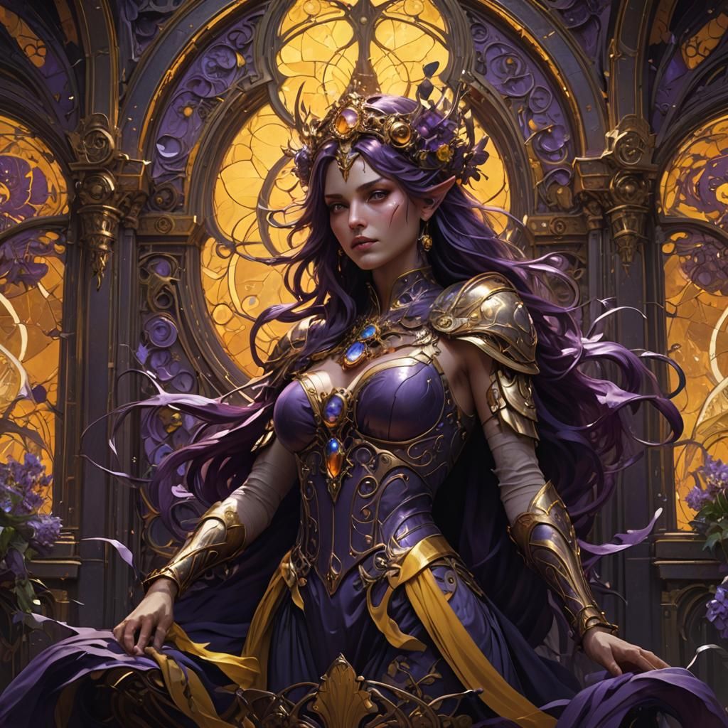 Dark Fantasy Masterpiece in Vibrant Purple and Yellow Hues