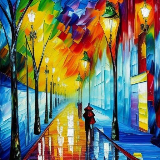 Vibrant Urban Scene in Neo-Impressionist Style