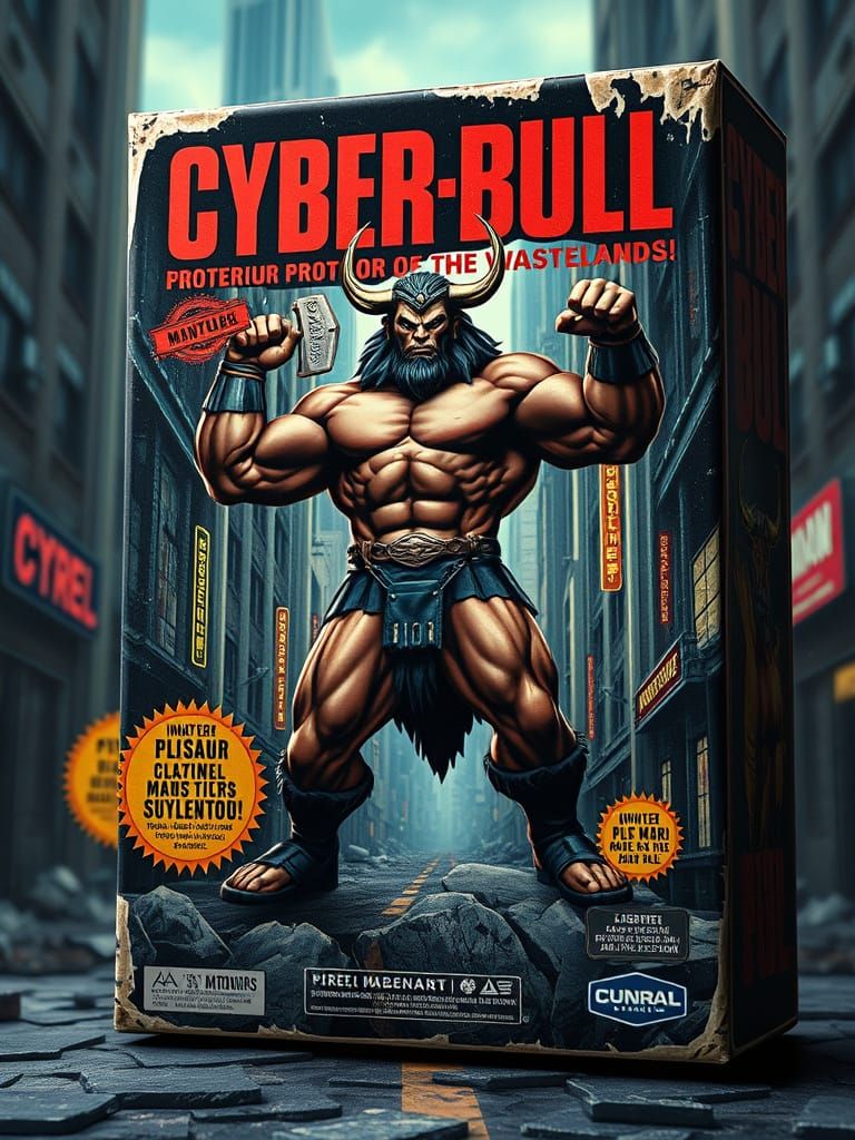 Cyberbull Hero Minotaur in Dystopian Cityscape