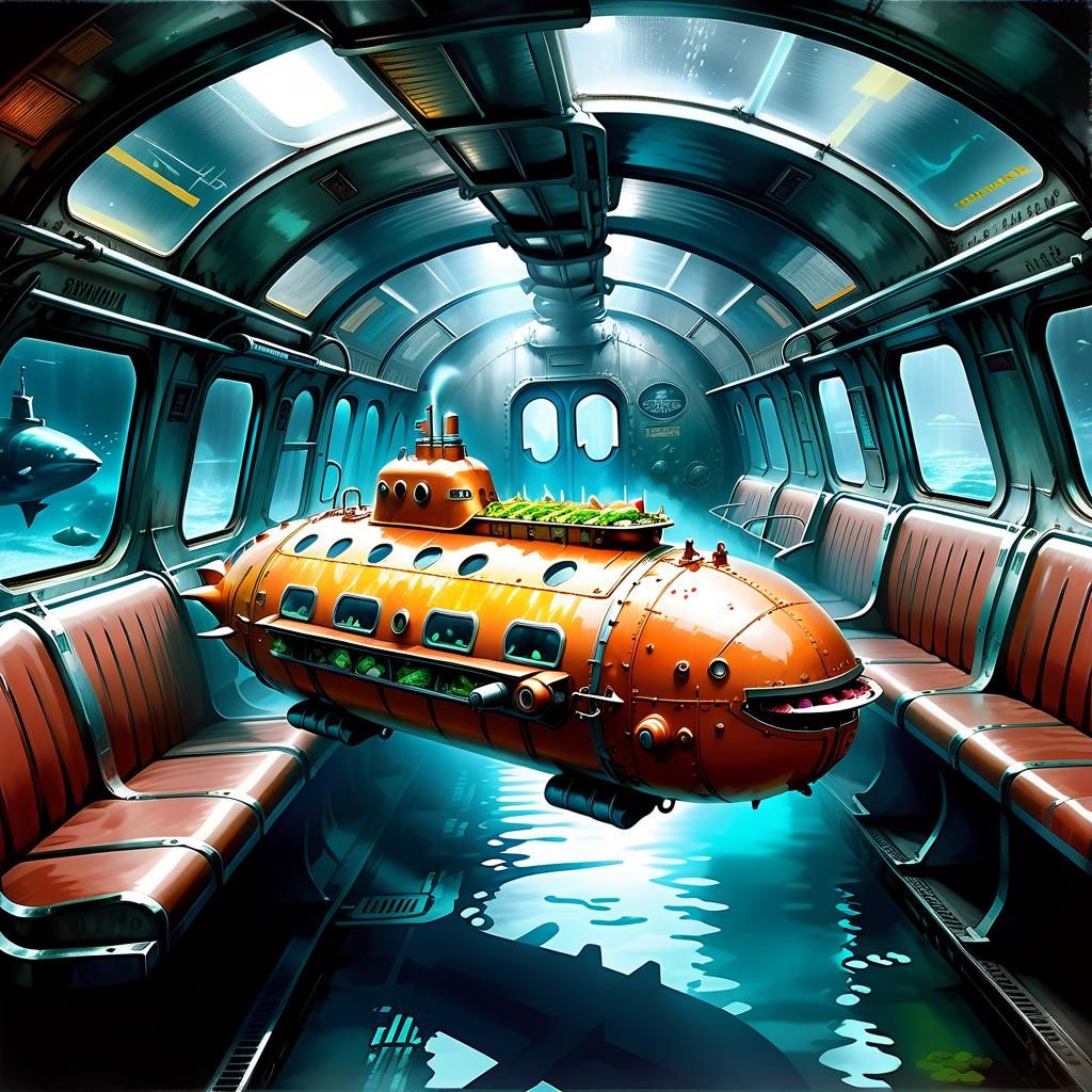 Futuristic Submerged Subway Food Vessel in Biopunk Fantasy