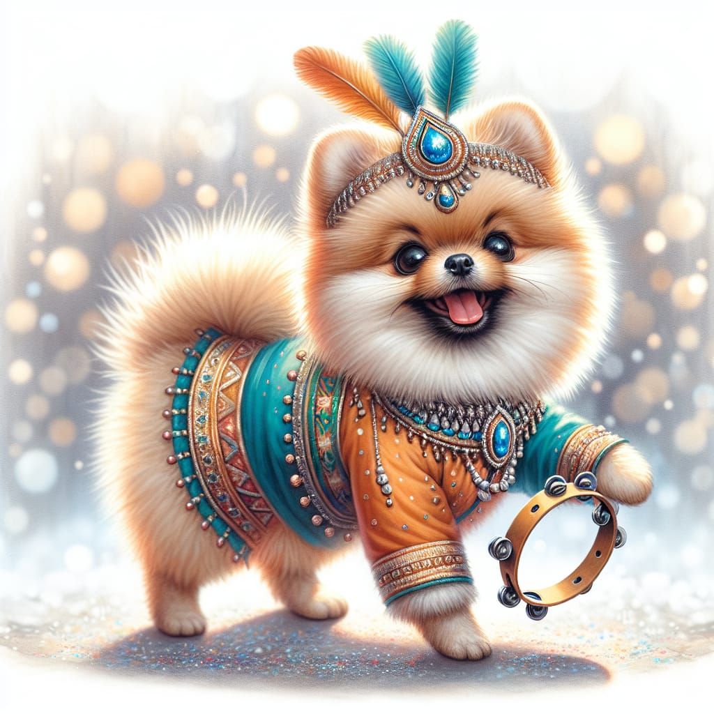 Dancing Pomeranian in Vibrant Indian Attire with Feathered R...