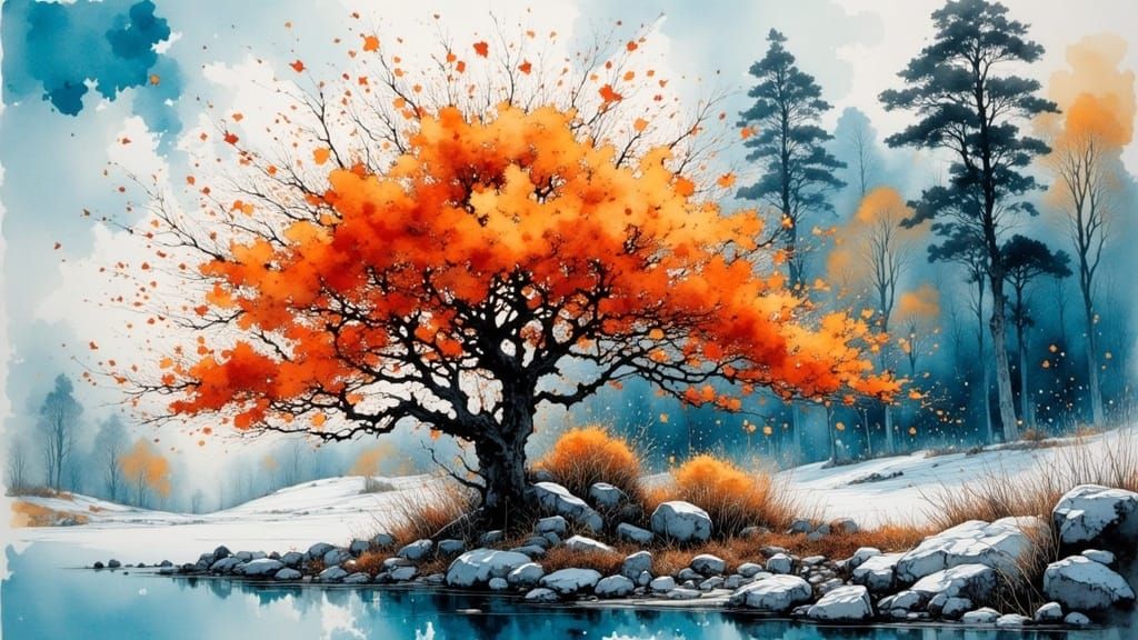 Falling Autumn Leaves in Frosty Landscape, Splattered Blue I...