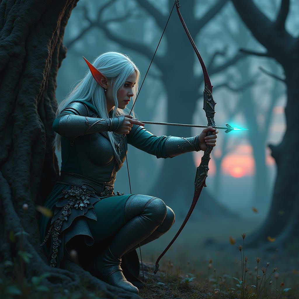 Ethereal Female Elf Warrior in Twinkling Forest Glade