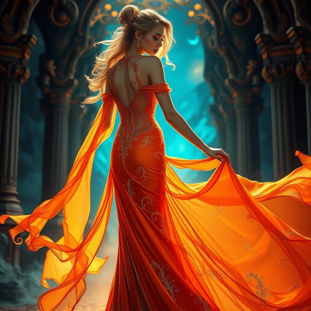 Ethereal Woman in Vibrant Art Nouveau Dreamscape