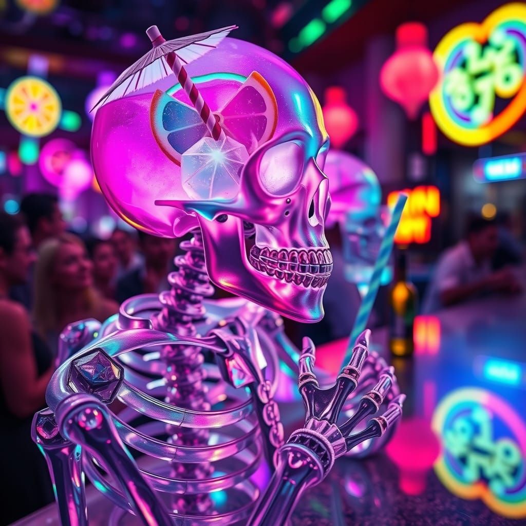 Crystal Skeleton Contemplates Neon Cocktail