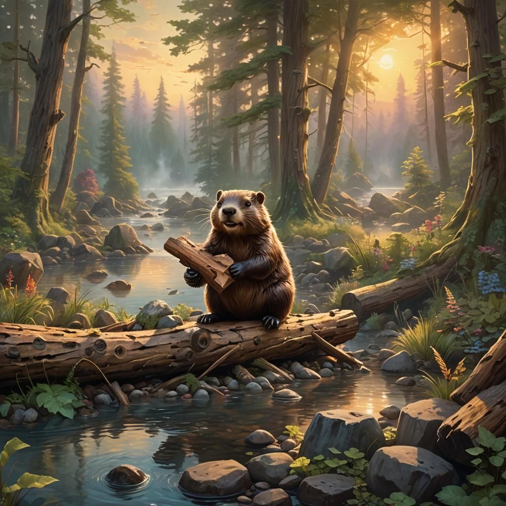 Whimsical Water's Edge: Beavers Build in Harmony