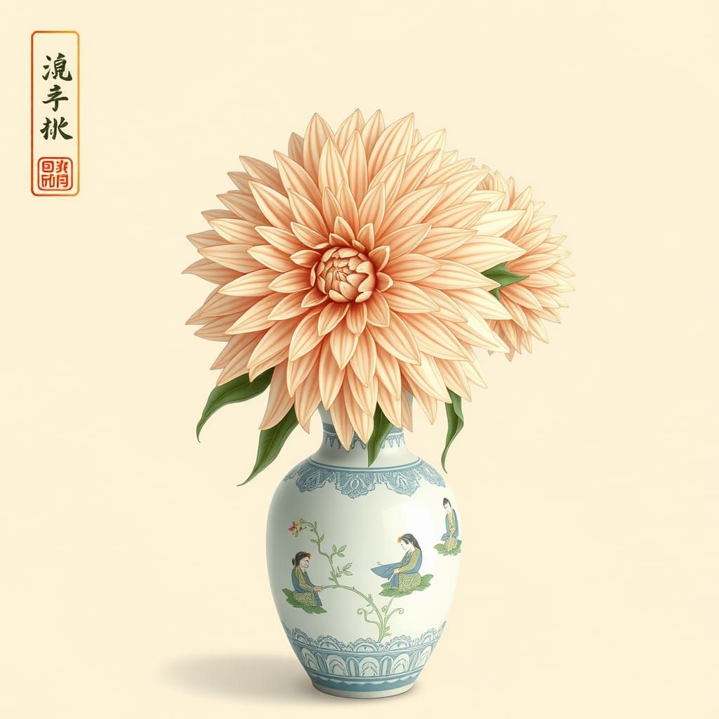 art influenced by Japanese ukiyo-e woodblock prints. A delicate porcelain vase with intricate patterns, holding a single...