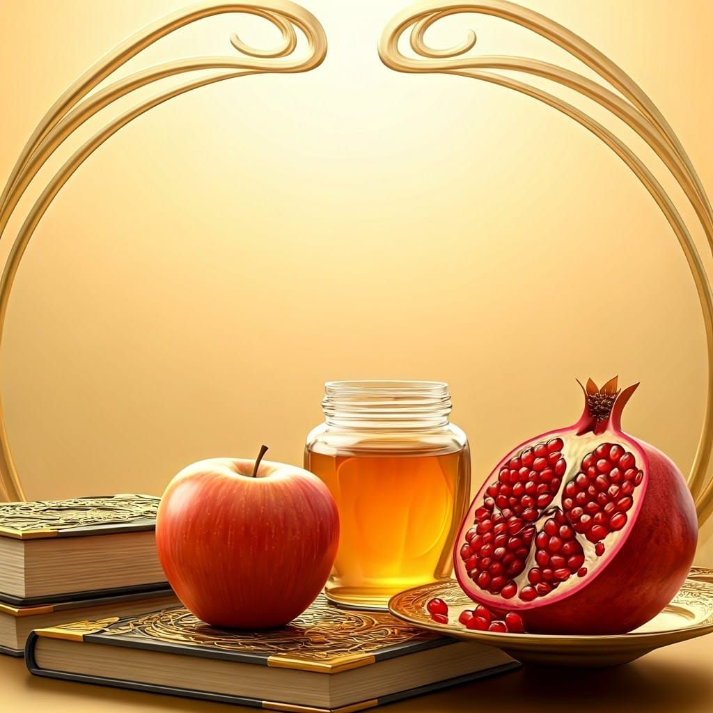 Luminous Gold Art Nouveau Still Life with Apple and Honey
