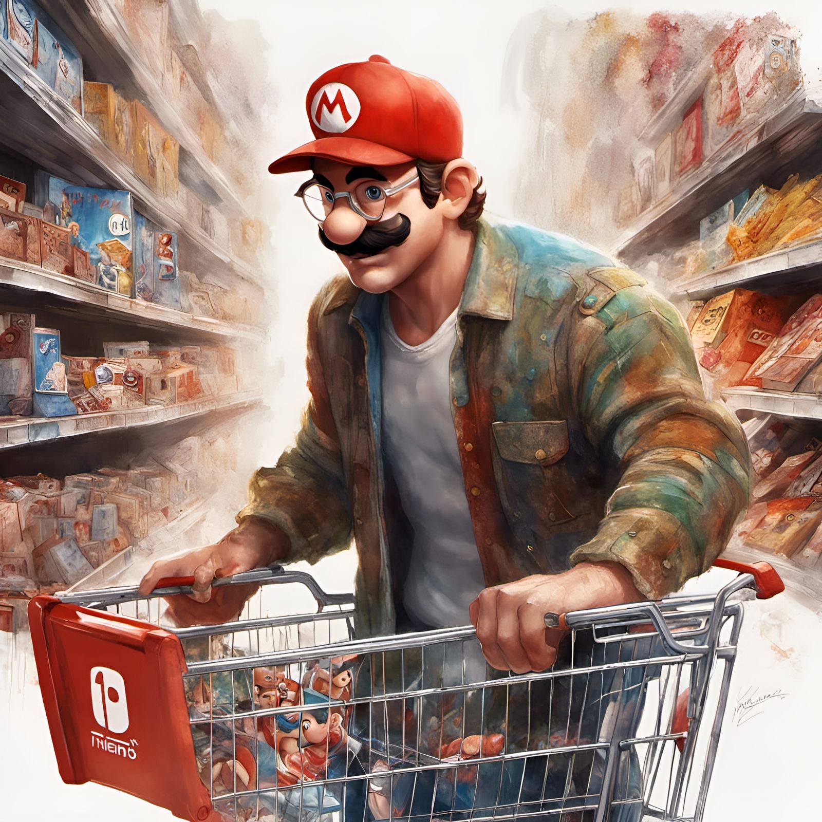Mario Pushes Shopping Cart in a Detailed, Cinematic Scene