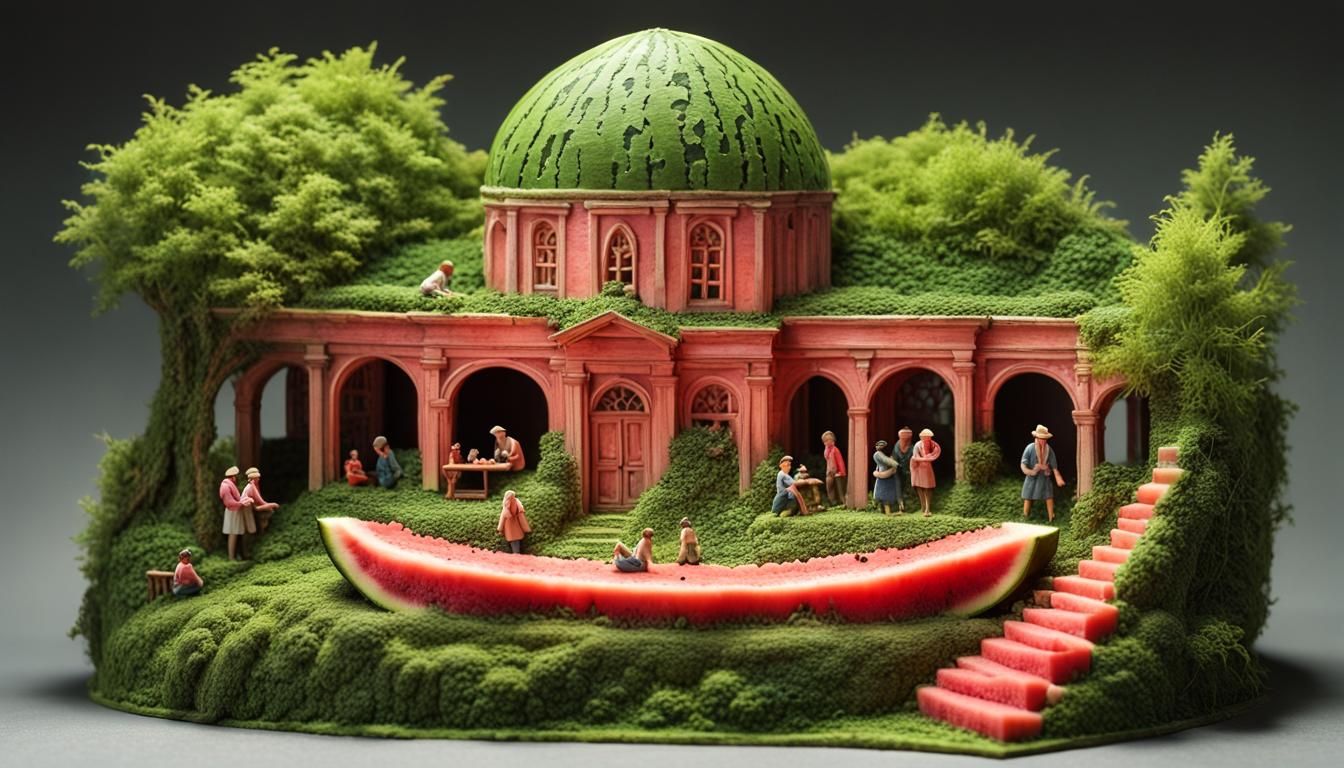 Whimsical Watermelon Metropolis in a Miniature Verdant World