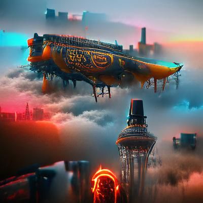 Blimp in Futuristic 1930s Sky City Sunset