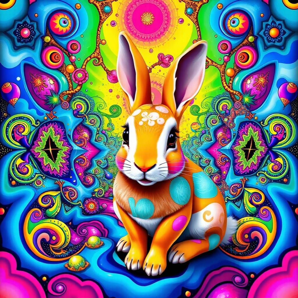 Surreal Rabbit in a Vibrant Fairytale World with Fractal Pat...