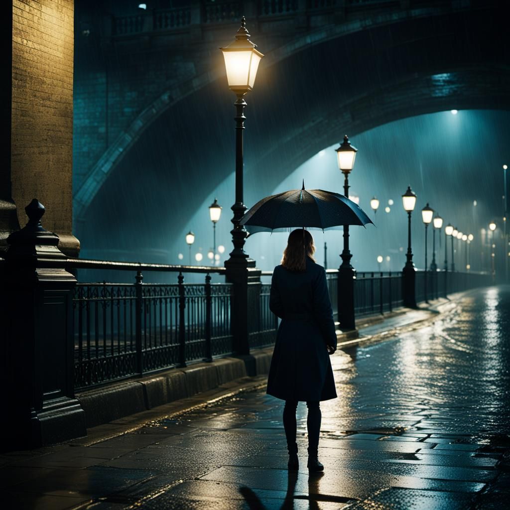 Lone Girl Stands Under London Bridge at Night in Cinematic F...