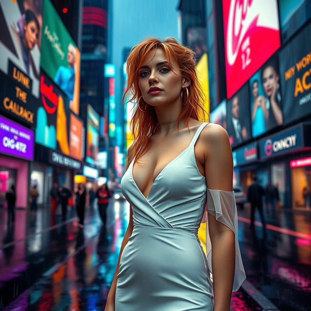 Woman Standing Resolute in Times Square Rainstorm, in Futuri...