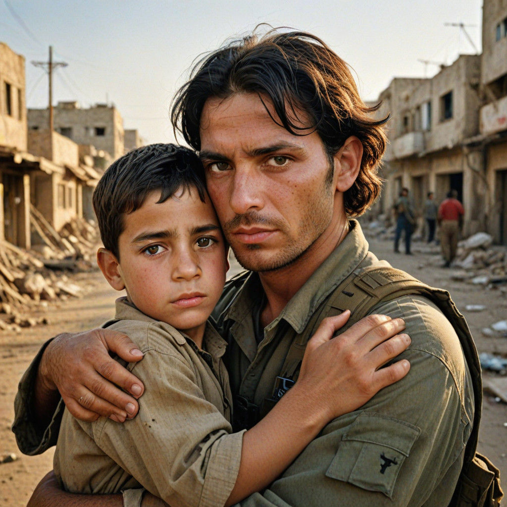 Israeli Soldier Comforts Jewish Boy in War-Torn City